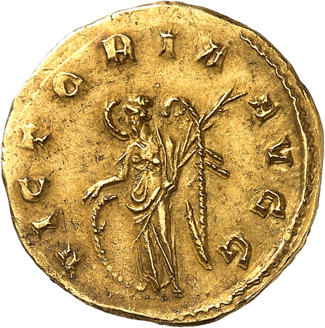 RIC V Valerian 53d Valerian reverse, Victory, winged, draped, standing left, resting right hand on shield and holding palm...