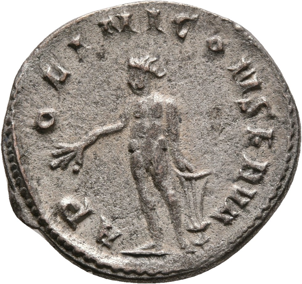 RIC V Valerian 72cA Valerian reverse, Apollo, nude, standing left, holding laurel-branch in right hand and lyre set on roc...