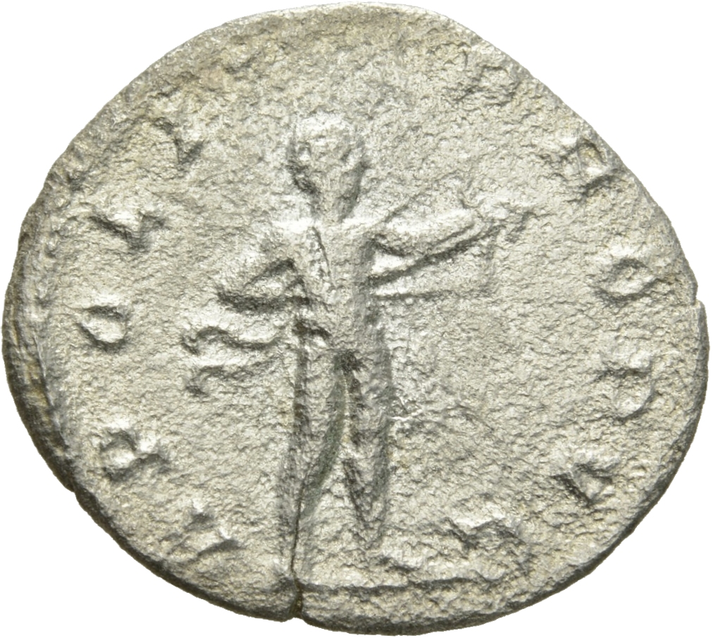 RIC V Valerian 74aA Valerian reverse, Apollo, nude except for cloak flying behind, standing right, drawing bow