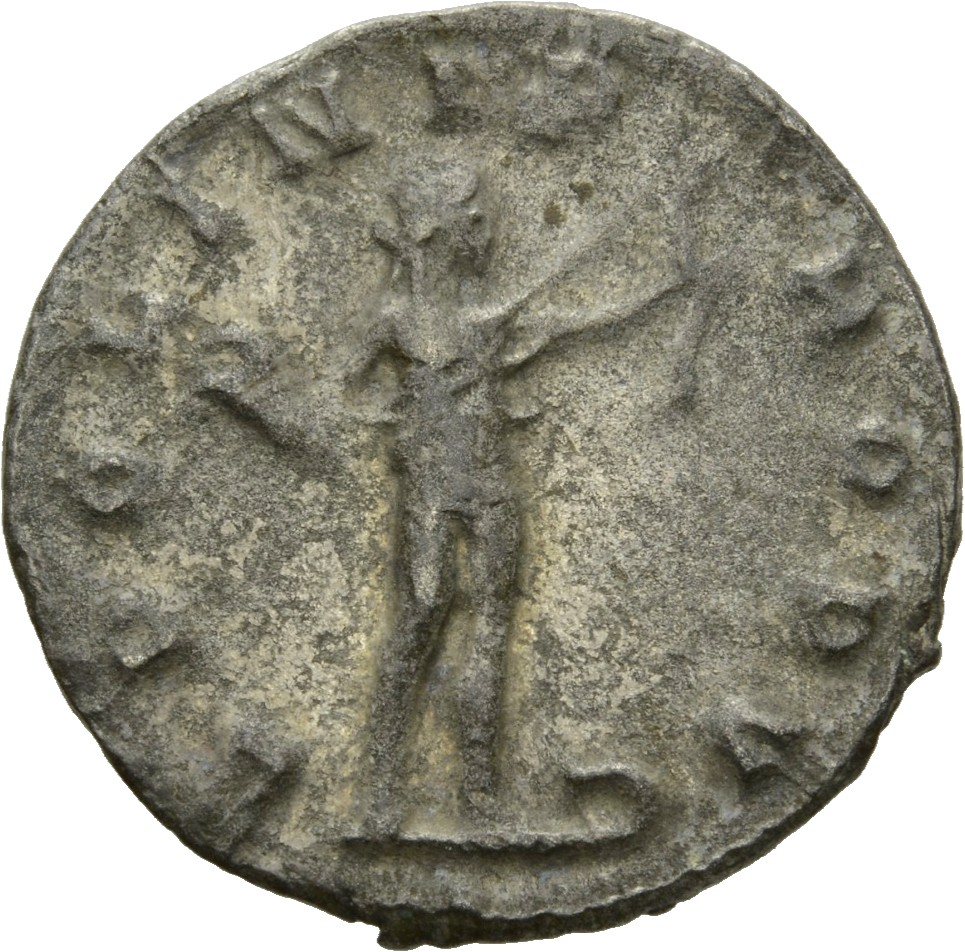 RIC V Valerian 74cA Valerian reverse, Apollo, nude except for cloak flying behind, standing right, drawing bow