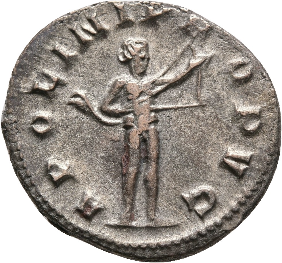 RIC V Valerian 74cA Valerian reverse, Apollo, nude except for cloak flying behind, standing right, drawing bow