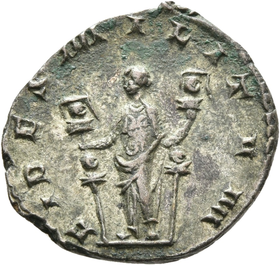 RIC V Valerian 89 Valerian reverse, Fides, draped, standing left, holding two ensigns