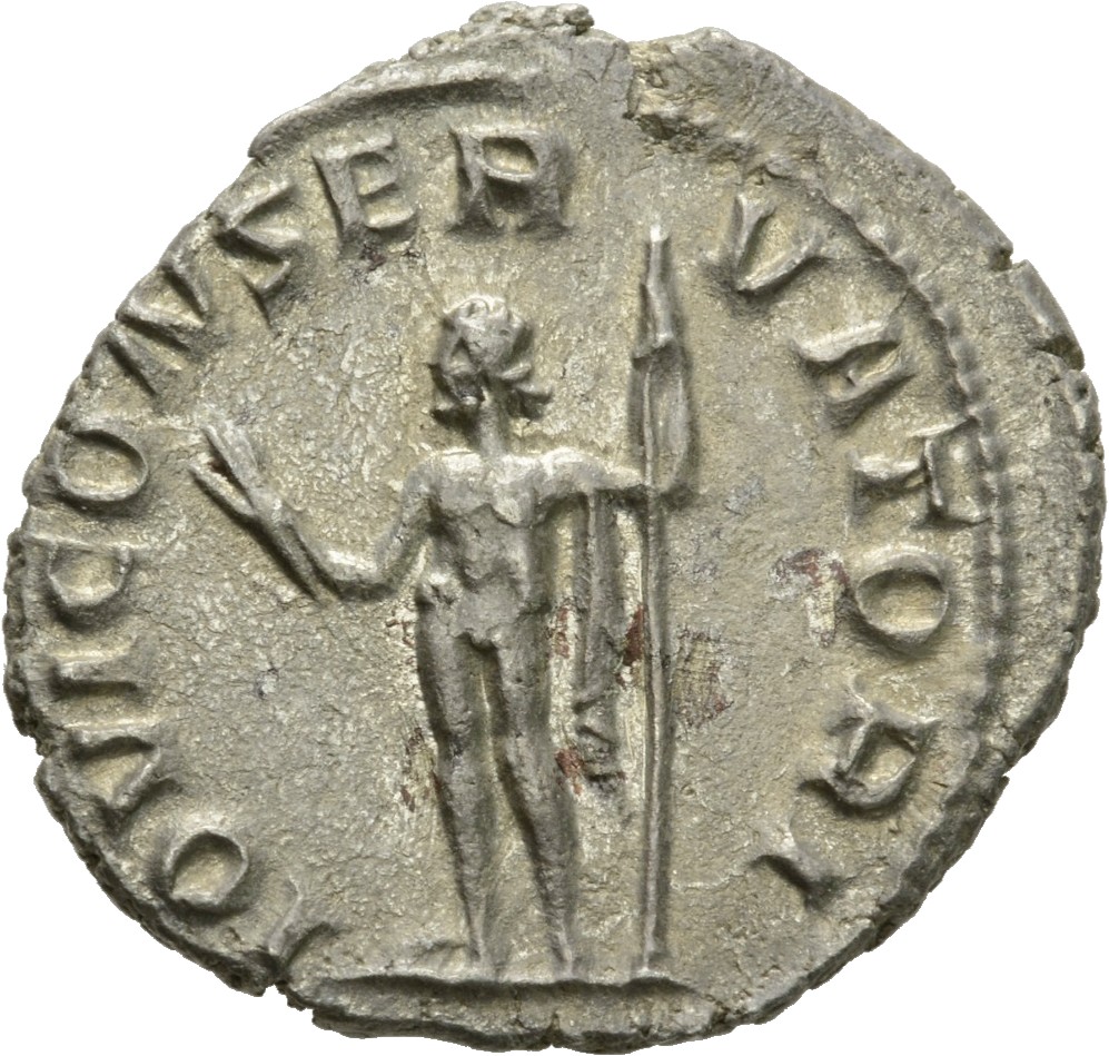 RIC V Valerian 92cC Valerian reverse, Jupiter, nude except of cloak draped over left shoulder, standing left, holding thun...