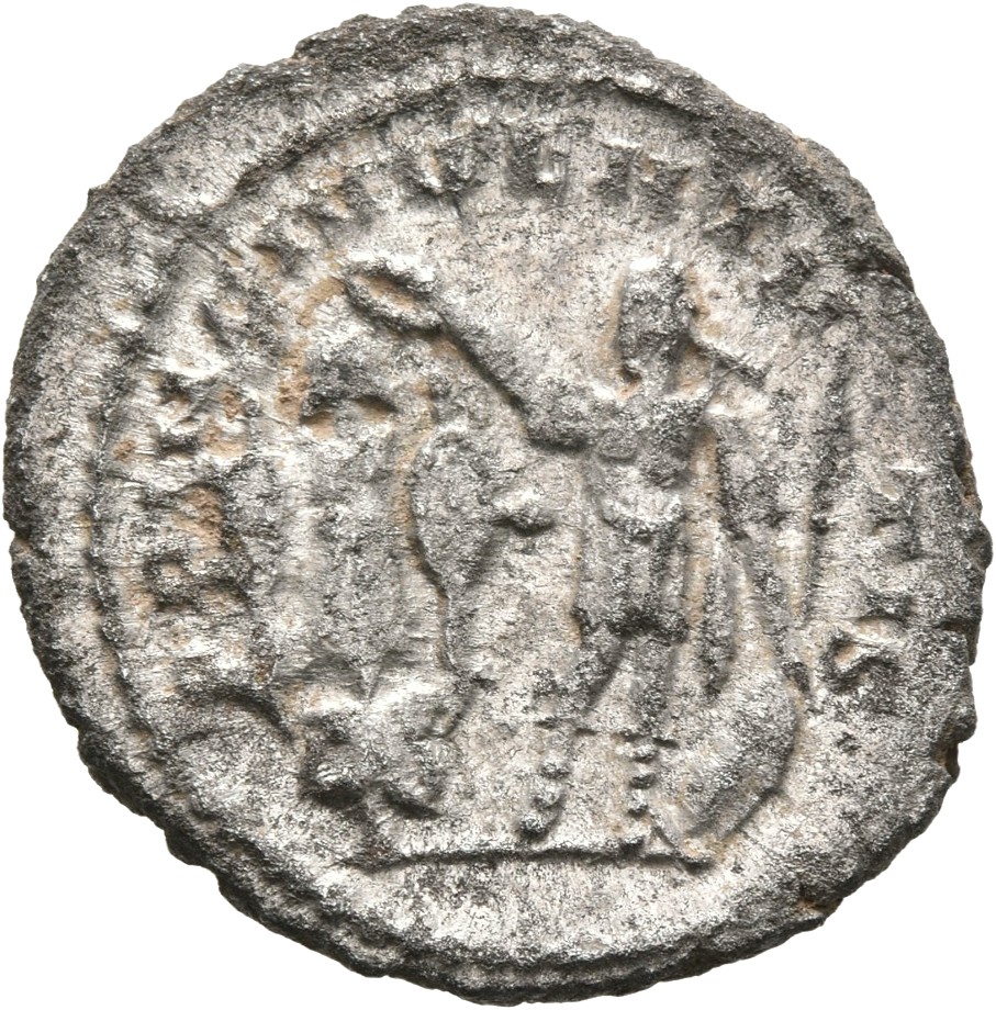 RIC V Valerian II 49a Valerian reverse, Valerian II, in military attire, standing left, crowning trophy and holding spear ...