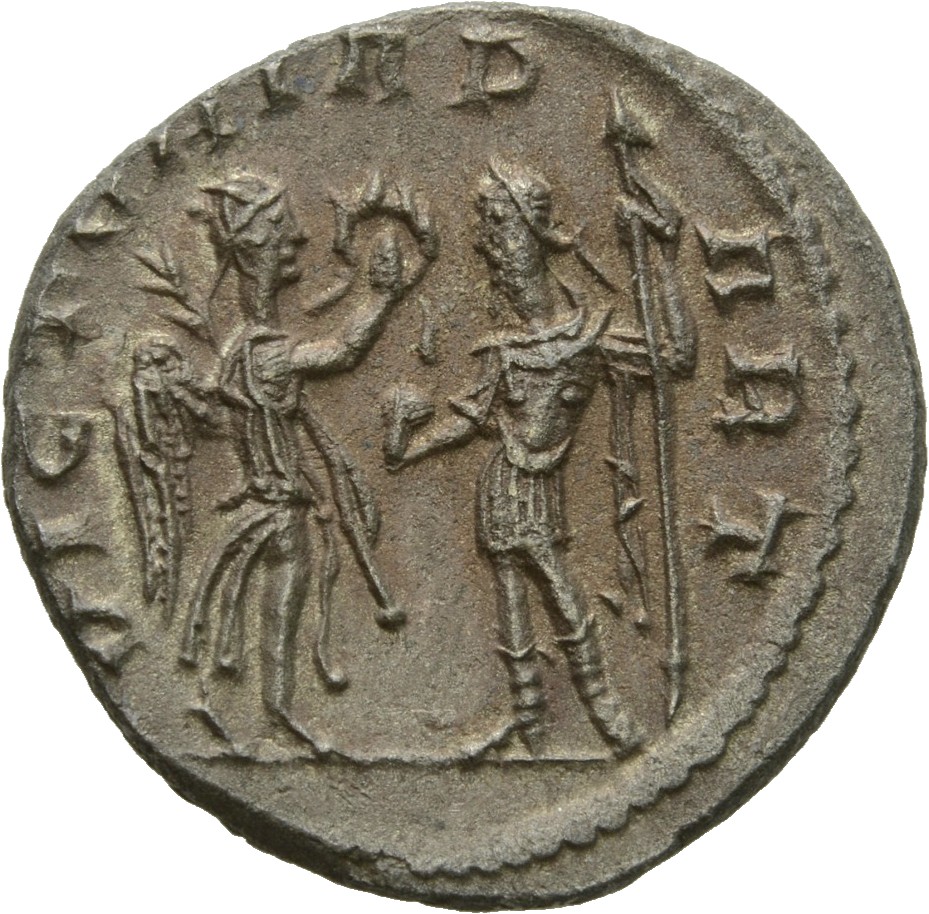 RIC V Valerian II 54 Valerian reverse, Victory, winged, draped, standing right, presenting wreath to Valerian II and holdi...