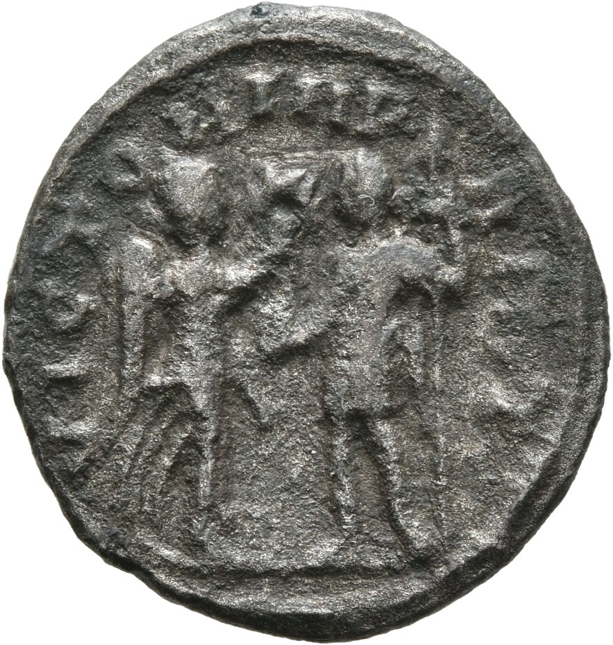 RIC V Valerian II 54 Valerian reverse, Victory, winged, draped, standing right, presenting wreath to Valerian II and holdi...