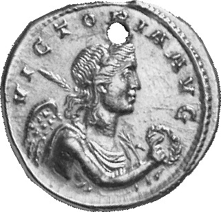 RIC V Victorinus 101 Victorinus reverse, Bust of Victory, winged, draped, right, holding wreath in right hand and palm in ...