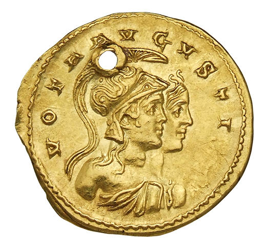 RIC V Victorinus 32 Victorinus reverse, Jugate bust of Roma, helmeted, draped, right, and Diana, draped, right, holding bow