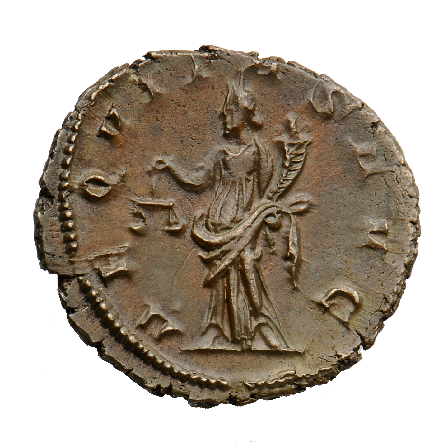 RIC V Victorinus 41 Victorinus reverse, Aequitas, draped, standing left, holding scales in right hand and cornucopiae in l...