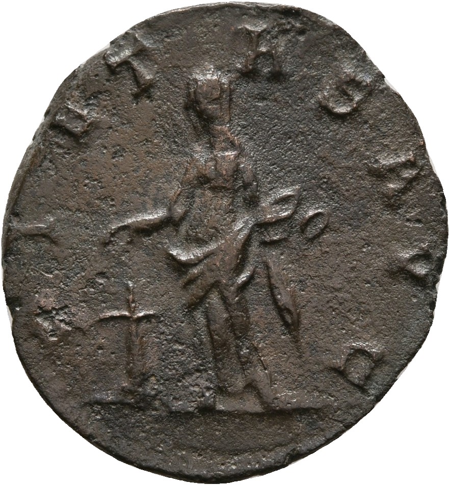 RIC V Victorinus 57 Victorinus reverse — Pietas, draped, standing left, sacrificing at altar and holding box of perfumes
