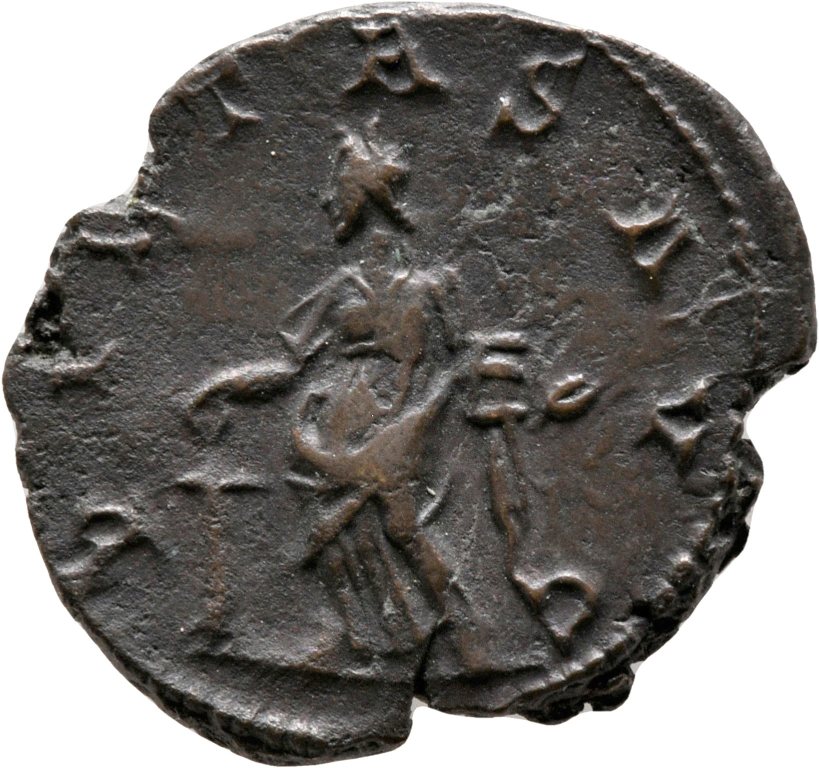 RIC V Victorinus 59 Victorinus reverse, Pietas, draped, standing left by altar, holding patera in right hand and box of pe...