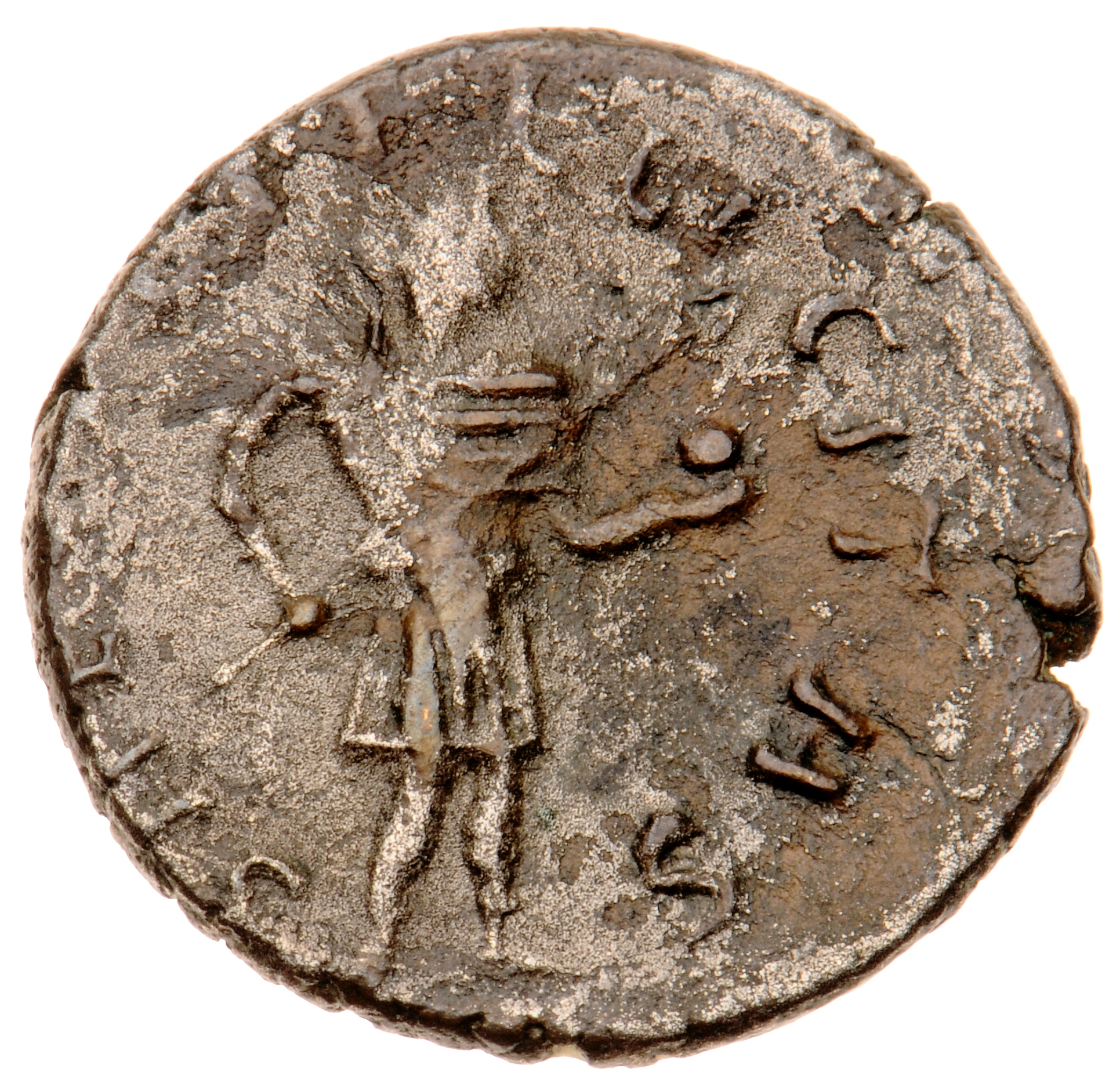 RIC V Victorinus 64 Victorinus reverse, Victorinus, draped, cuirassed, standing right, holding javelin in right hand and g...