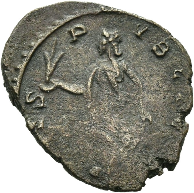RIC V Victorinus 73 Victorinus reverse, Spes, draped, walking left, holding flower in right hand and raising robe with lef...