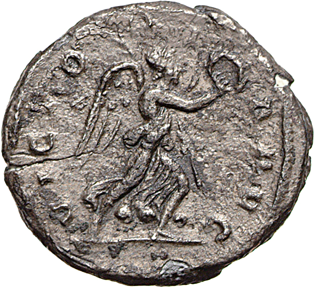 RIC V Victorinus 93a Victorinus reverse, Victory, winged, draped, running right, holding wreath in right hand and palm in ...