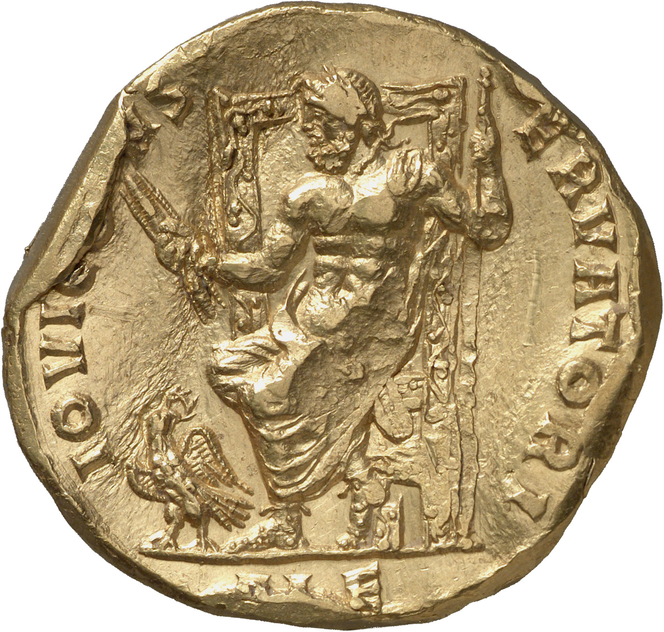 RIC VI Alexandria 1 Diocletian reverse, Jupiter, draped to waist, seated front on high-backed throne, turning left, holdin...