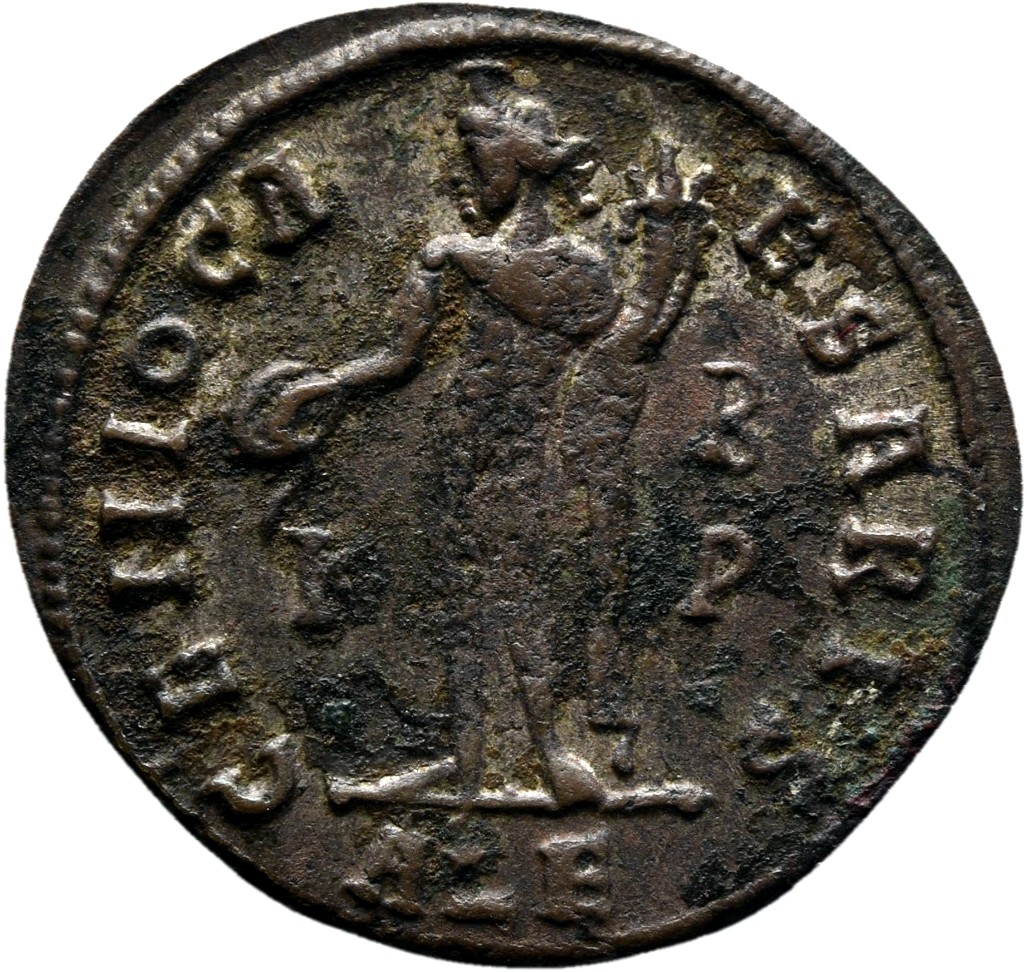 RIC VI Alexandria 100a Maximinus Daia reverse, Genius, wearing modius, nude, chlamys draped over left shoulder, standing l...
