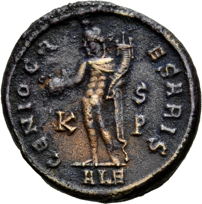 RIC VI Alexandria 100a Maximinus Daia reverse — Genius, wearing modius, nude, chlamys draped over left shoulder, standing ...