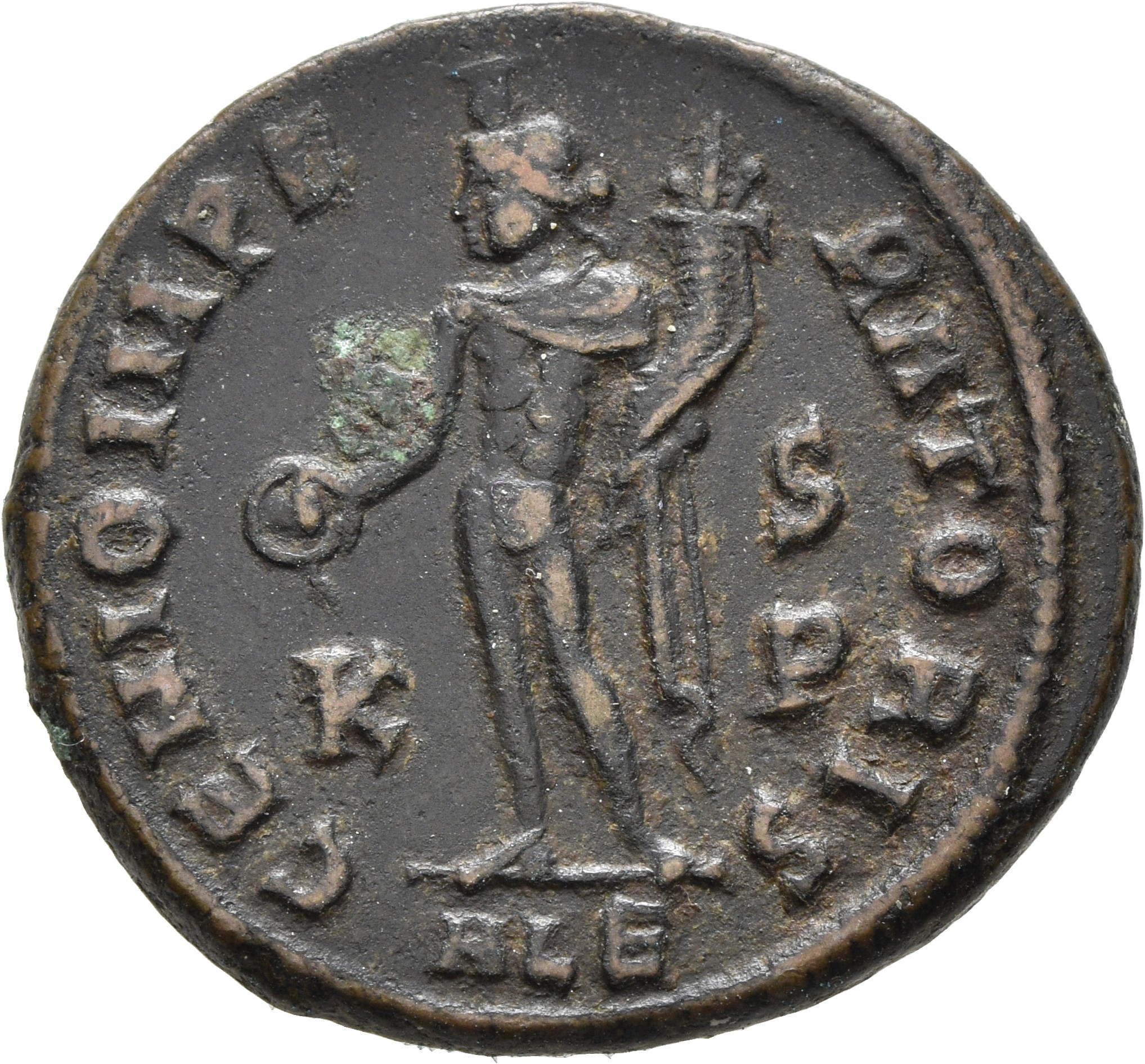 RIC VI Alexandria 101a Maximinus Daia reverse, Genius, wearing modius, nude, chlamys draped over left shoulder, standing l...