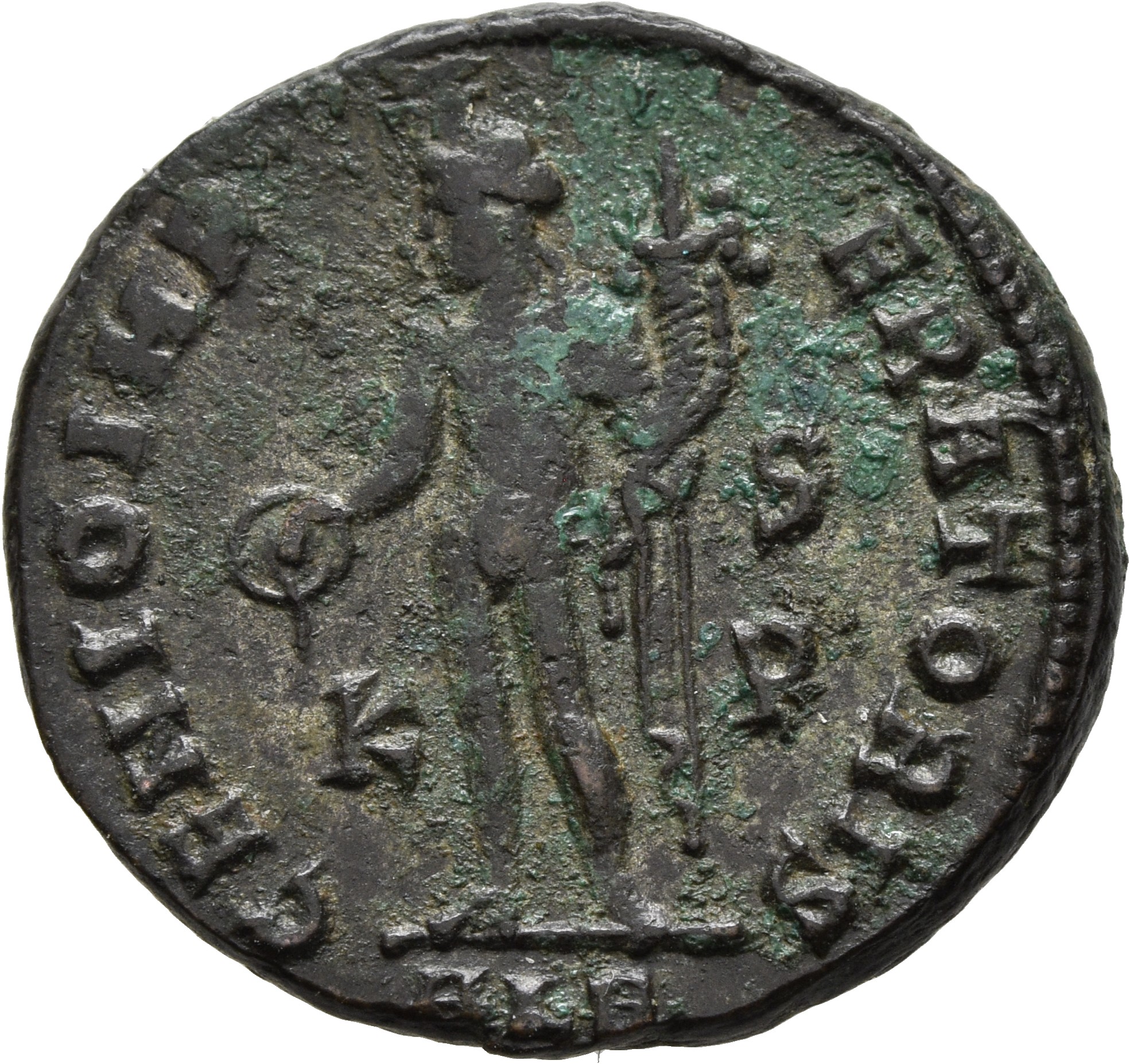 RIC VI Alexandria 101b Maximinus Daia reverse, Genius, wearing modius, nude, chlamys draped over left shoulder, standing l...