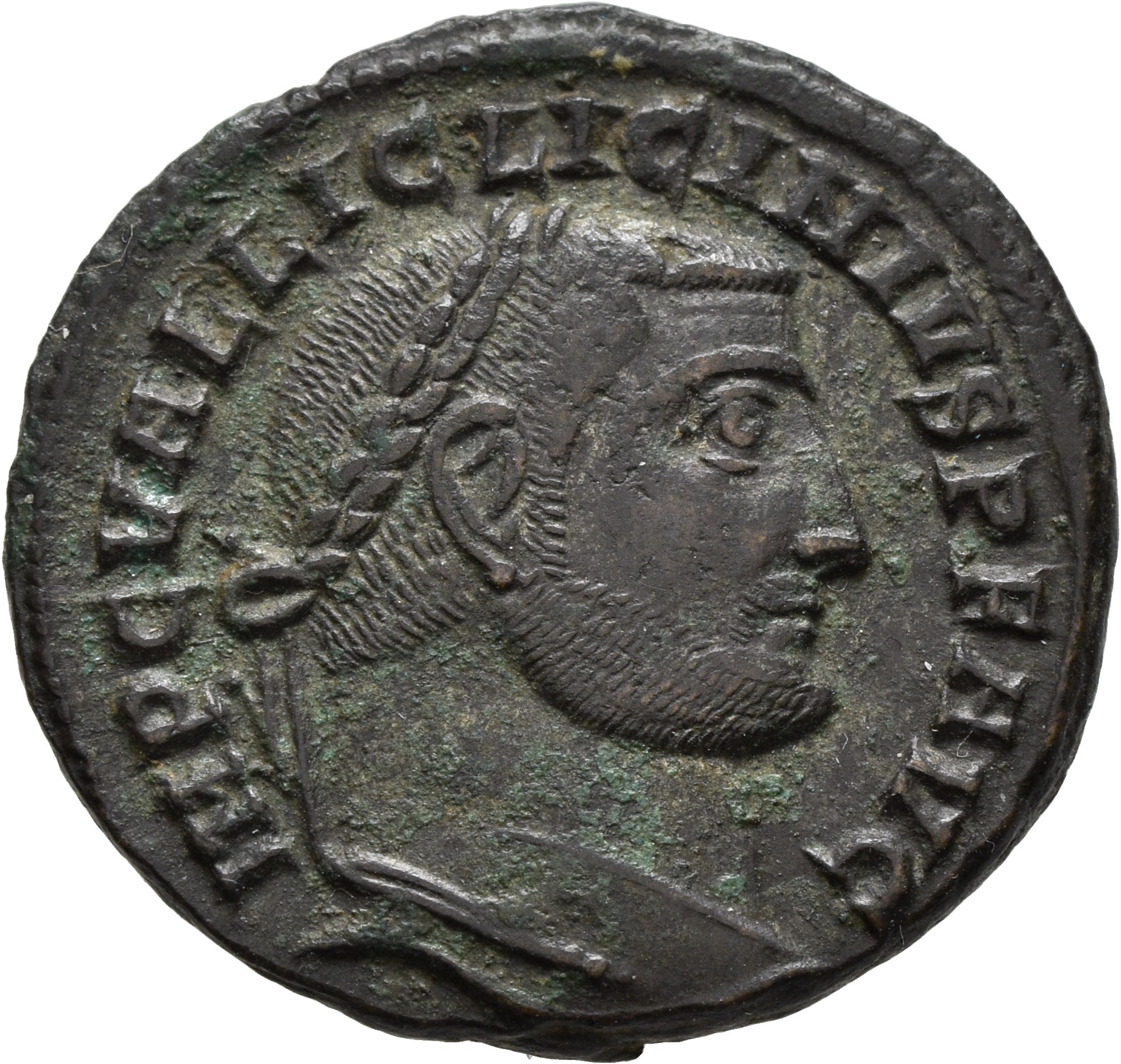 RIC VI Alexandria 101b Maximinus Daia obverse, Head of Licinius, laureate, right; ties divergent, with pointed truncation