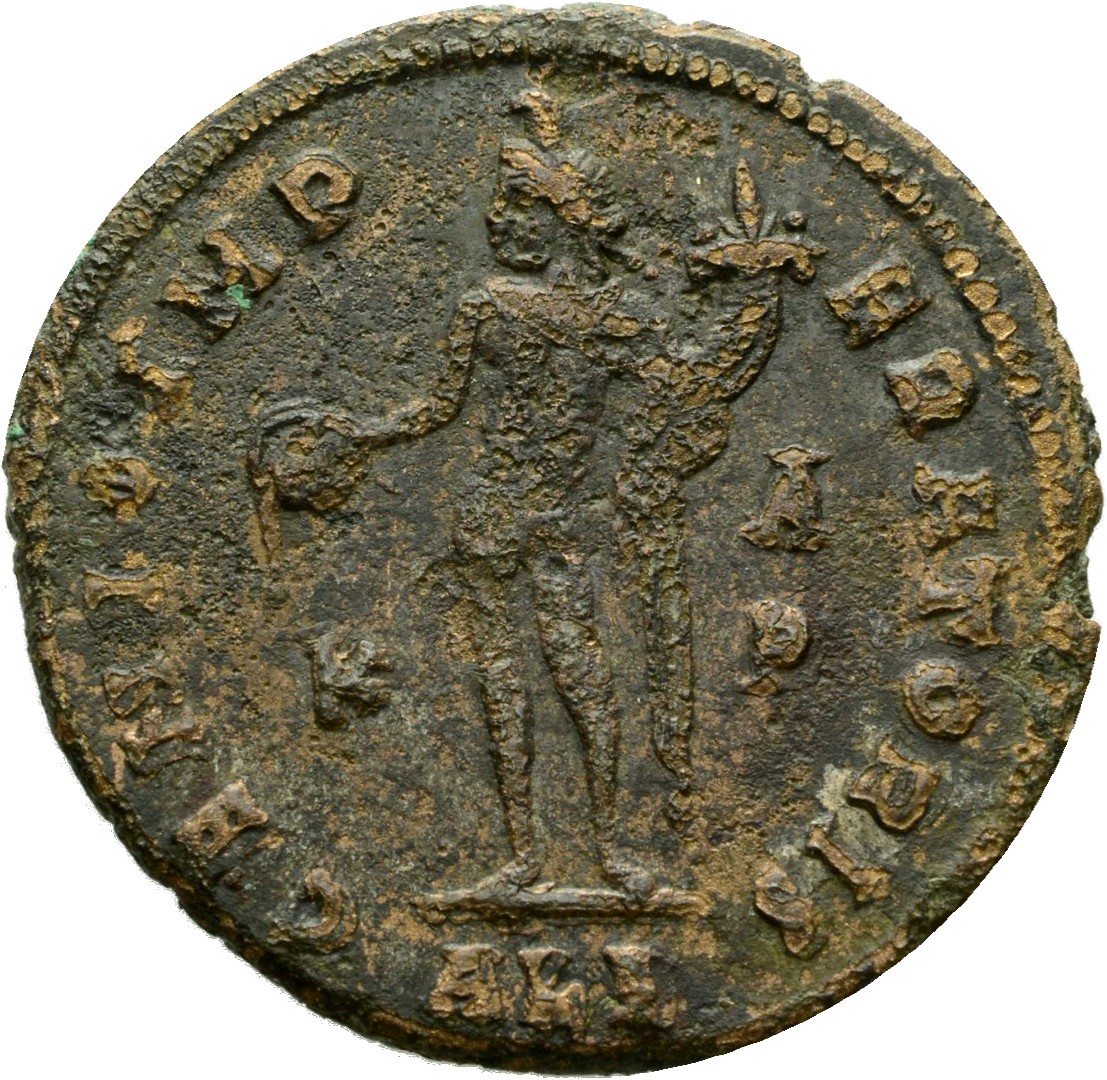 RIC VI Alexandria 103 Maximinus Daia reverse, Genius, wearing modius, nude, chlamys draped over left shoulder, standing le...