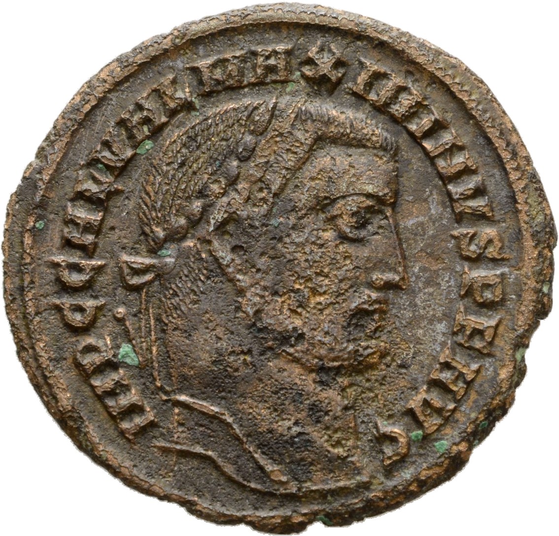 RIC VI Alexandria 103 Maximinus Daia obverse, Head of Maximinus Daia, laureate, right; ties divergent, with pointed trunca...