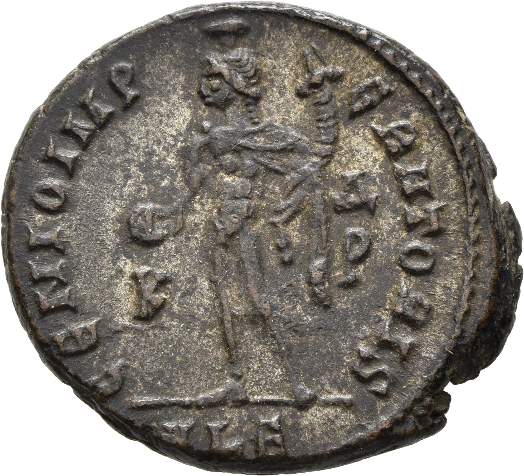 RIC VI Alexandria 105a Maximinus Daia reverse, Genius, wearing modius, nude, chlamys draped over left shoulder, standing l...