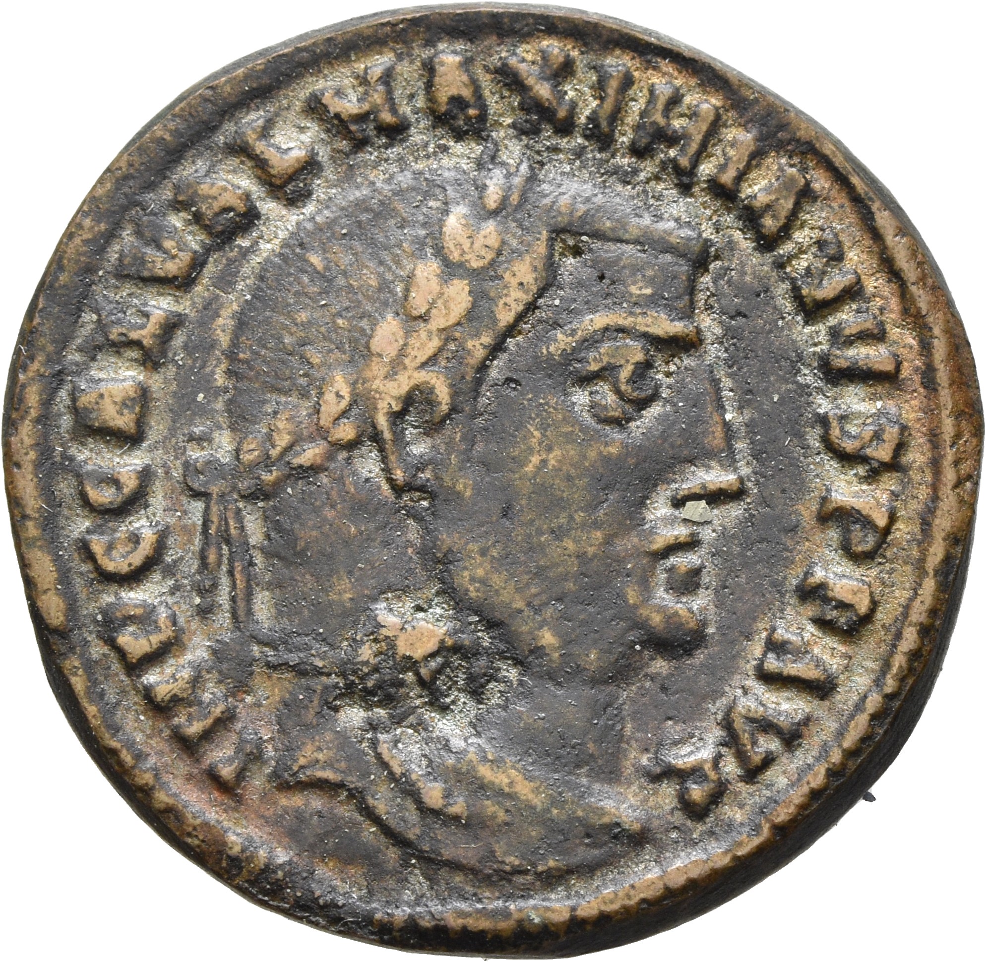 RIC VI Alexandria 105c Maximinus Daia obverse, Head of Maximinus Daia, laureate, right; ties parallel, with pointed trunca...