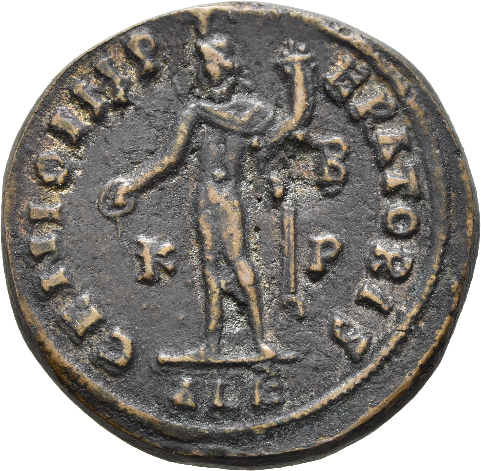 RIC VI Alexandria 105c Maximinus Daia reverse, Genius, wearing modius, nude, chlamys draped over left shoulder, standing l...