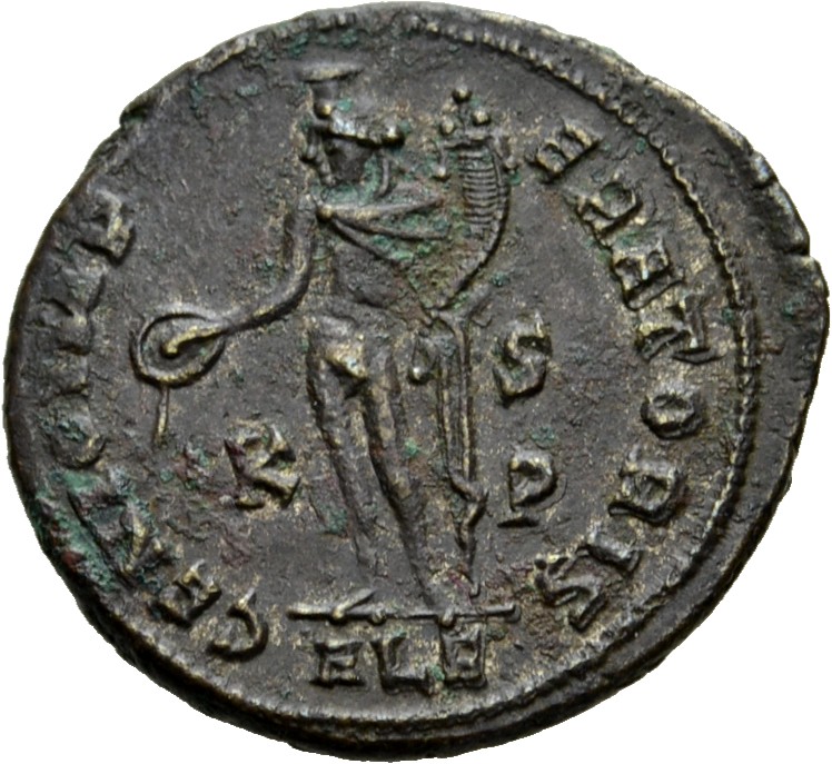 RIC VI Alexandria 107a Maximinus Daia reverse, Genius, wearing modius, nude, chlamys draped over left shoulder, standing l...