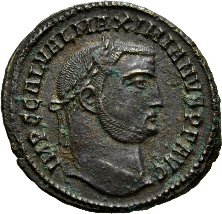 RIC VI Alexandria 107a Maximinus Daia obverse, Head of Galerius, laureate, right; ties parallel, with rounded truncation