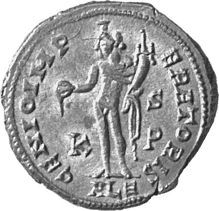 RIC VI Alexandria 107b Maximinus Daia reverse, Genius, wearing modius, nude, chlamys draped over left shoulder, standing l...