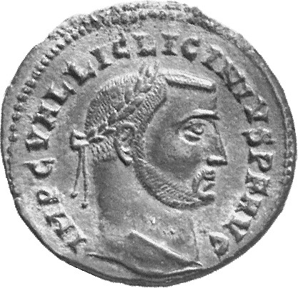 RIC VI Alexandria 107b Maximinus Daia obverse, Head of Licinius, laureate, right; ties parallel, with rounded truncation