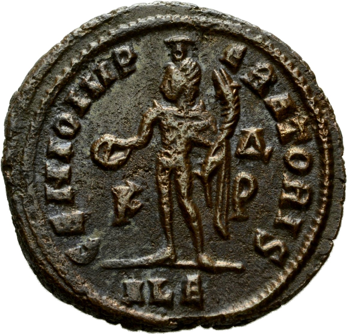 RIC VI Alexandria 107b Maximinus Daia reverse — Genius, wearing modius, nude, chlamys draped over left shoulder, standing ...