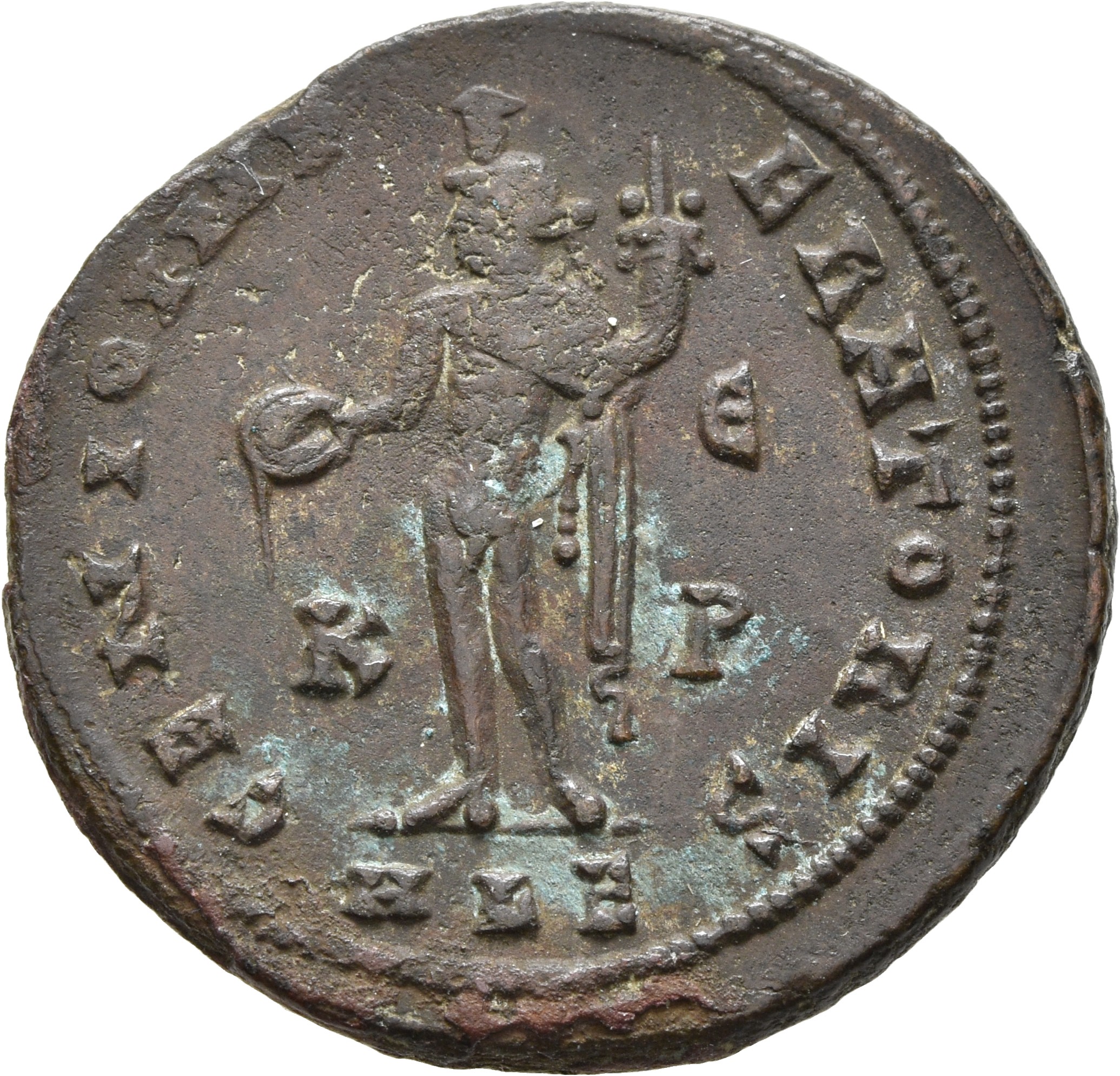 RIC VI Alexandria 107c Maximinus Daia reverse, Genius, wearing modius, nude, chlamys draped over left shoulder, standing l...