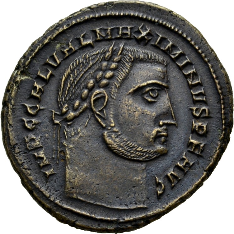RIC VI Alexandria 107c Maximinus Daia obverse — Head of Maximinus Daia, laureate, right; ties parallel, with rounded trunc...