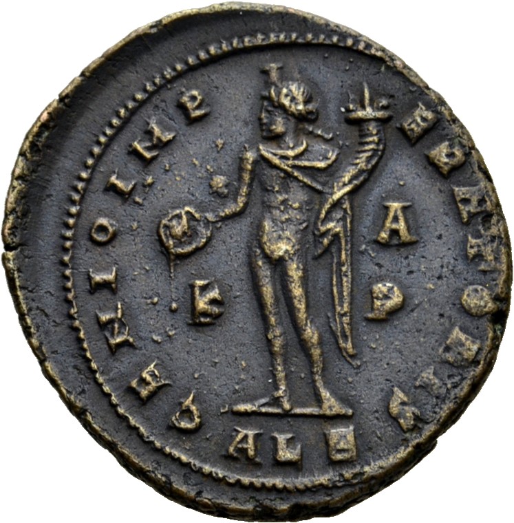 RIC VI Alexandria 107c Maximinus Daia reverse — Genius, wearing modius, nude, chlamys draped over left shoulder, standing ...