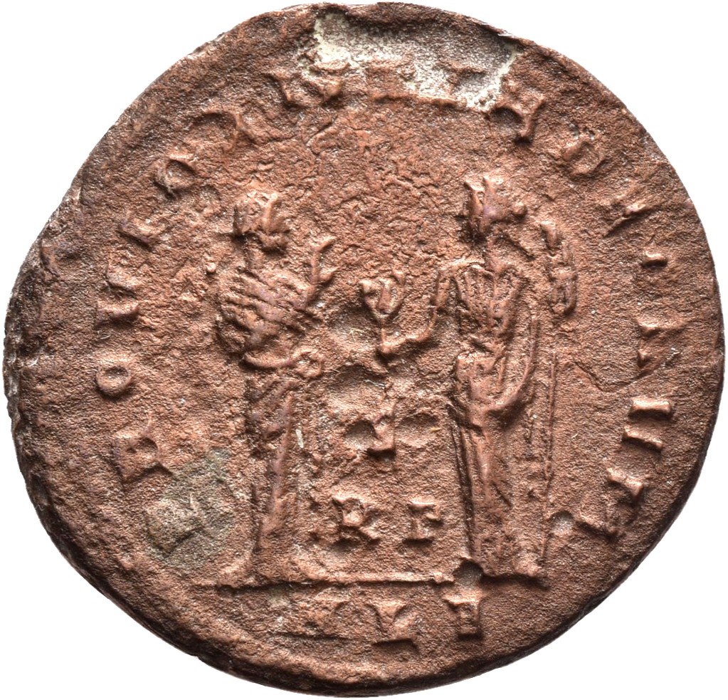 RIC VI Alexandria 109 Maximinus Daia reverse, Providentia, draped, standing right, extending right hand to Quies; Quies, d...