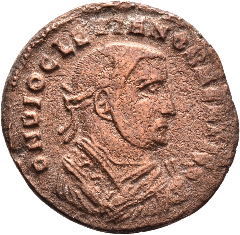 RIC VI Alexandria 109 Maximinus Daia obverse, Bust of Diocletian, laureate, wearing imperial mantle, right, holding olive ...