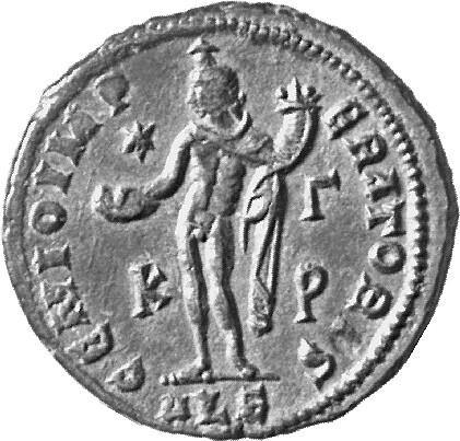 RIC VI Alexandria 121a Maximinus Daia reverse, Genius, wearing modius, nude, chlamys draped over left shoulder, standing l...