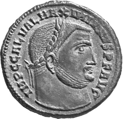 RIC VI Alexandria 121a Maximinus Daia obverse, Head of Galerius, laureate, right; ties parallel, with rounded truncation