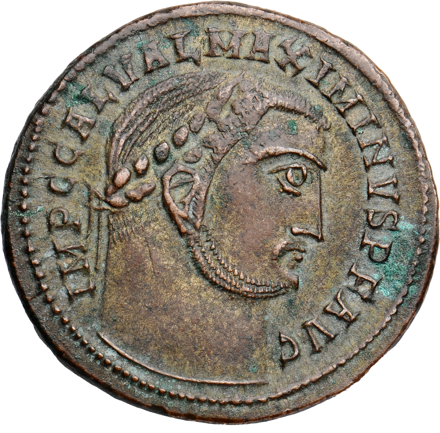 RIC VI Alexandria 124 Maximinus Daia obverse, Head of Galerius, laureate, right; ties parallel, with rounded truncation