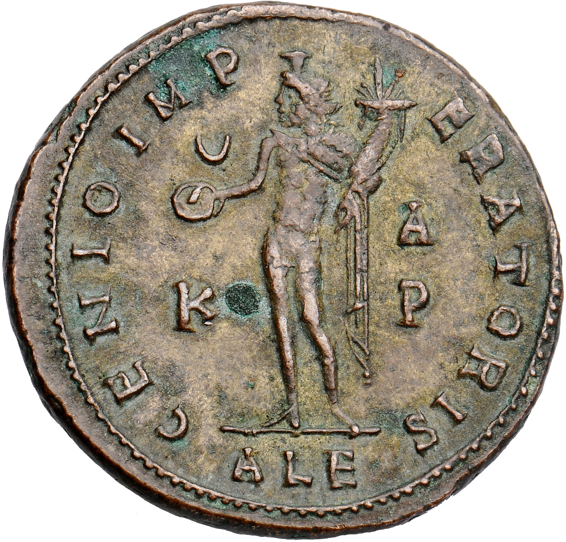 RIC VI Alexandria 124 Maximinus Daia reverse, Genius, wearing modius, nude, chlamys draped over left shoulder, standing le...