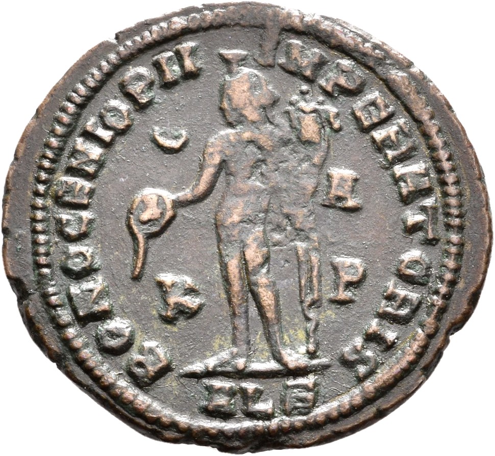 RIC VI Alexandria 135b Maximinus Daia reverse, Genius, wearing modius, nude, chlamys draped over left shoulder, standing l...