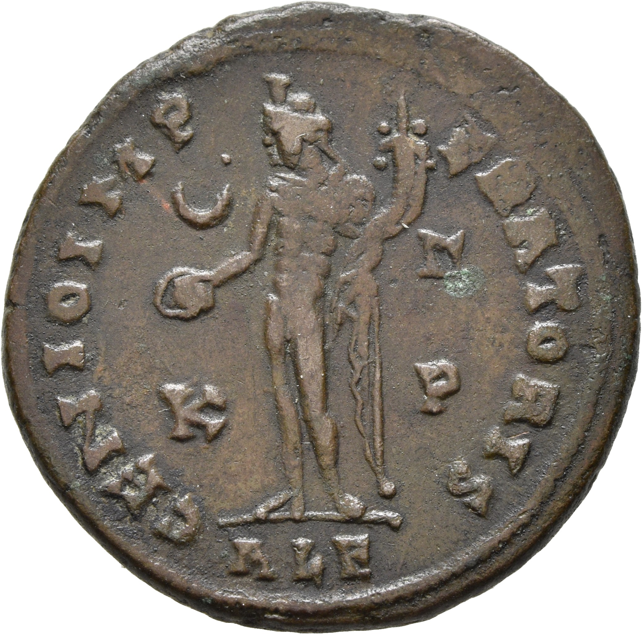 RIC VI Alexandria 139b Maximinus Daia reverse, Genius, wearing modius, nude, chlamys draped over left shoulder, standing l...