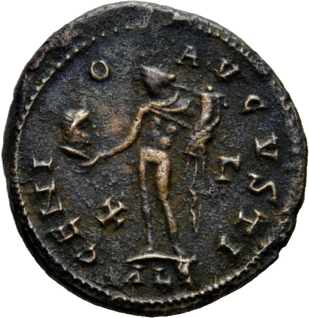 RIC VI Alexandria 149b Maximinus Daia reverse, Genius, wearing modius, nude, chlamys draped over left shoulder, standing l...