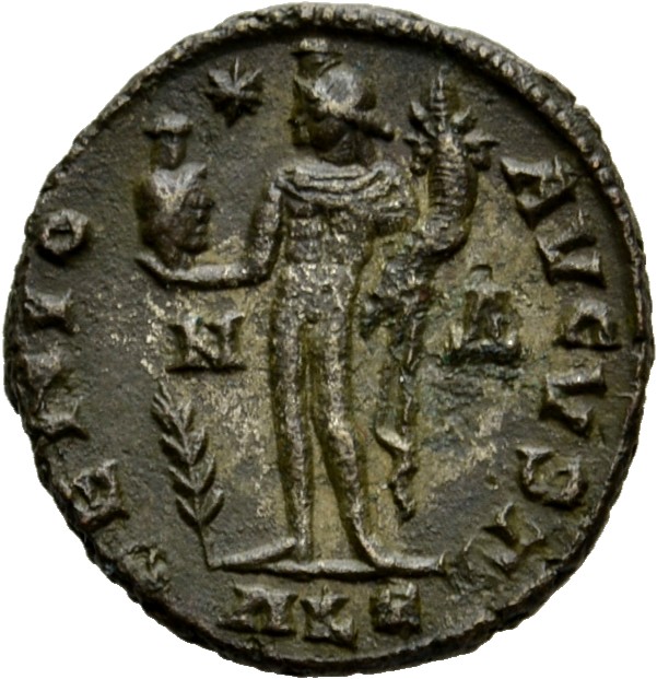 RIC VI Alexandria 160b Maximinus Daia reverse, Genius, wearing modius, nude, chlamys draped over left shoulder, standing l...