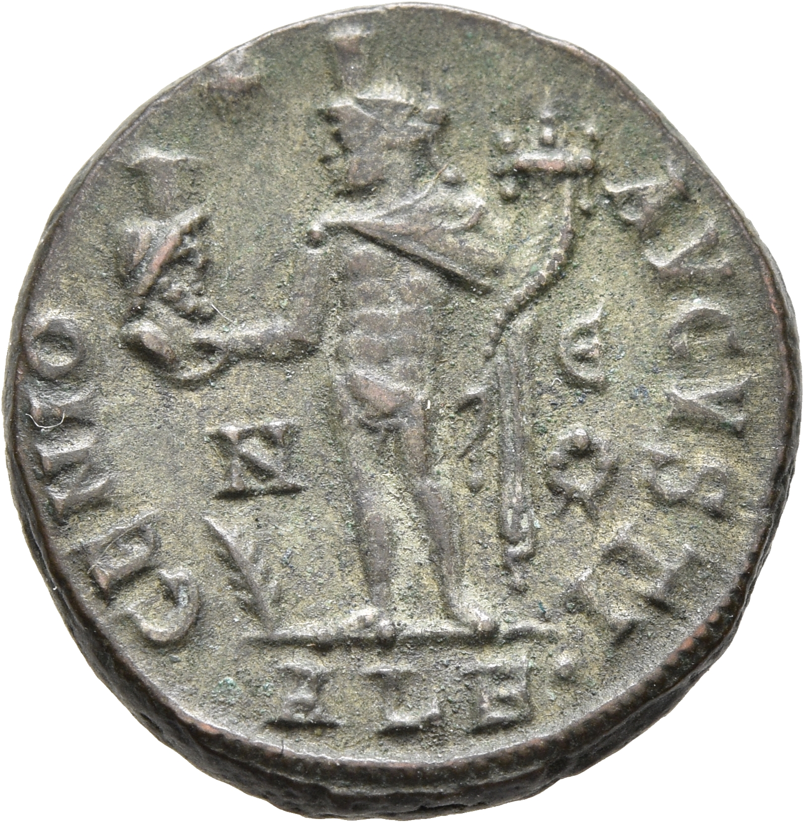 RIC VI Alexandria 163 Maximinus Daia reverse, Genius, wearing modius, nude, chlamys draped over left shoulder, standing le...