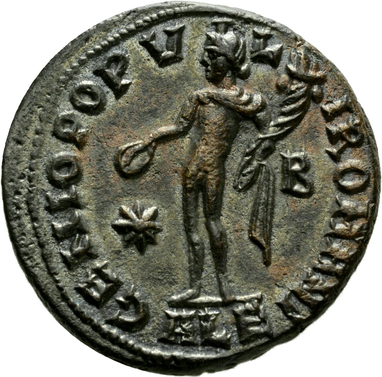 RIC VI Alexandria 16b Diocletian reverse, Genius, wearing modius, nude, chlamys draped over left shoulder, standing left, ...