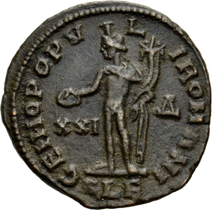RIC VI Alexandria 30a Diocletian reverse, Genius, wearing modius, nude, chlamys draped over left shoulder, standing left, ...